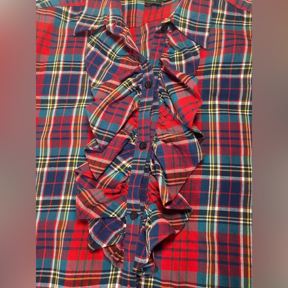 Lauren Ralph Lauren Red Blue Plaid Ruffle Front Shirt 100% Cotton LRL sz M - Picture 6 of 11